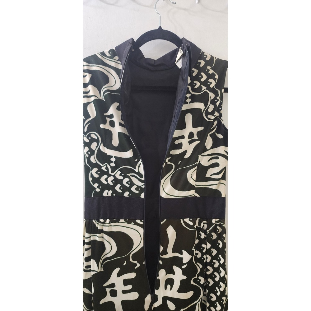 Kenny Classics Vintage Black White Calligraphy Print Maxi Dress Mock Neck Slit - Picture 7 of 9